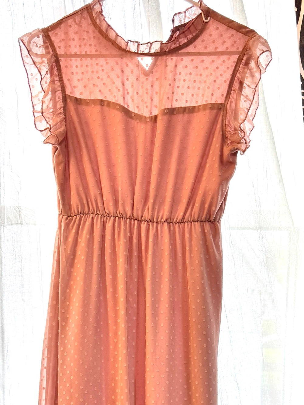 Pink Swiss Dot High waist, long Dress with lacey/mesh see-through top